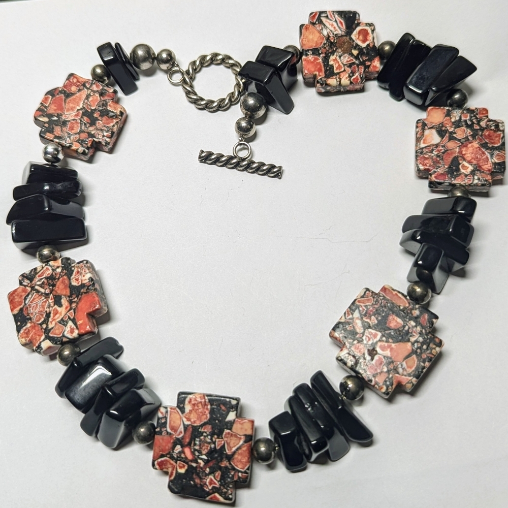 Vintage Maligano Jasper Necklace Indonesia 20" 7 Ozs One Chipped Stone Breciated